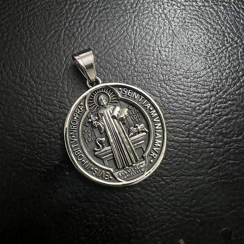 Saint Benedict Exorcism Pendant Necklace By Planderful Titanium Steel Gold Plated For Hip Hop Fans