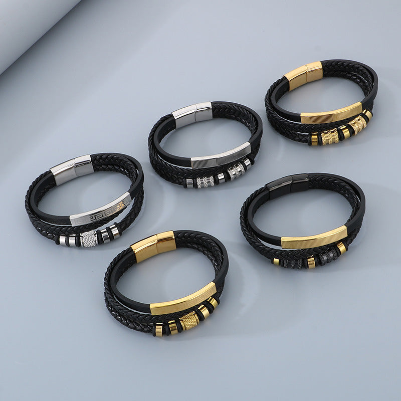 Planderful Mens Multi Layer Leather Magnetic Bracelet