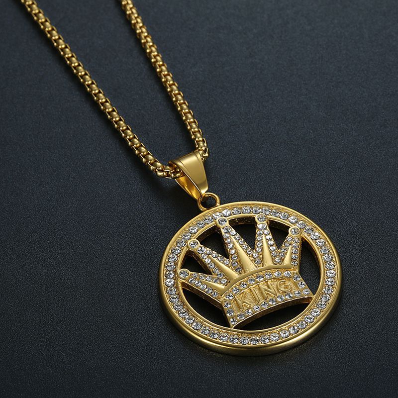 Planderful Hip Hop Crown Pendant Necklace Stainless Steel Gold Plated Rhinestones For Trendsetting Men