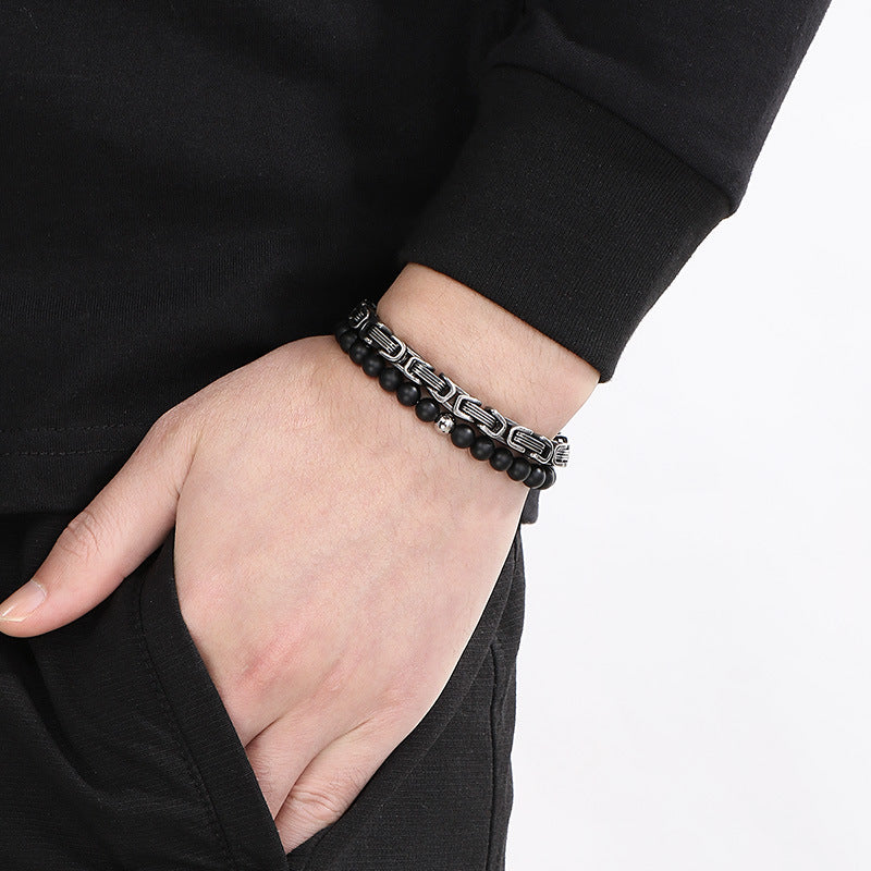 Planderful Mens Black Agate Double Layer Emperor Bracelet