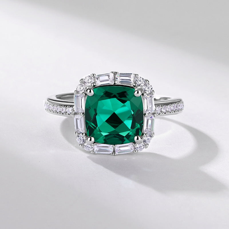Planderful Jewelry Lab Grown Emerald Ring In Sterling Silver S925 Gala Fireworks Collection