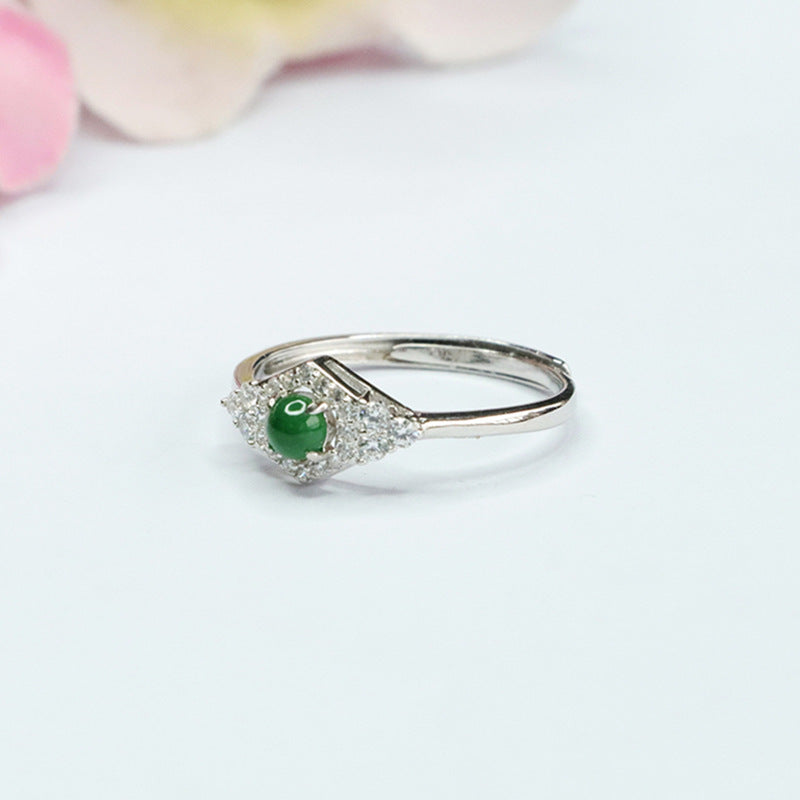 Icy Jade and Zircon Rhombus Sterling Silver Ring