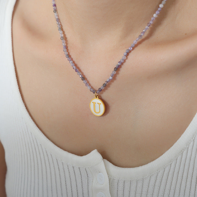 Luxurious Titanium Gold-Plated Mother-of-Pearl Pendant Necklace with Zircon Details