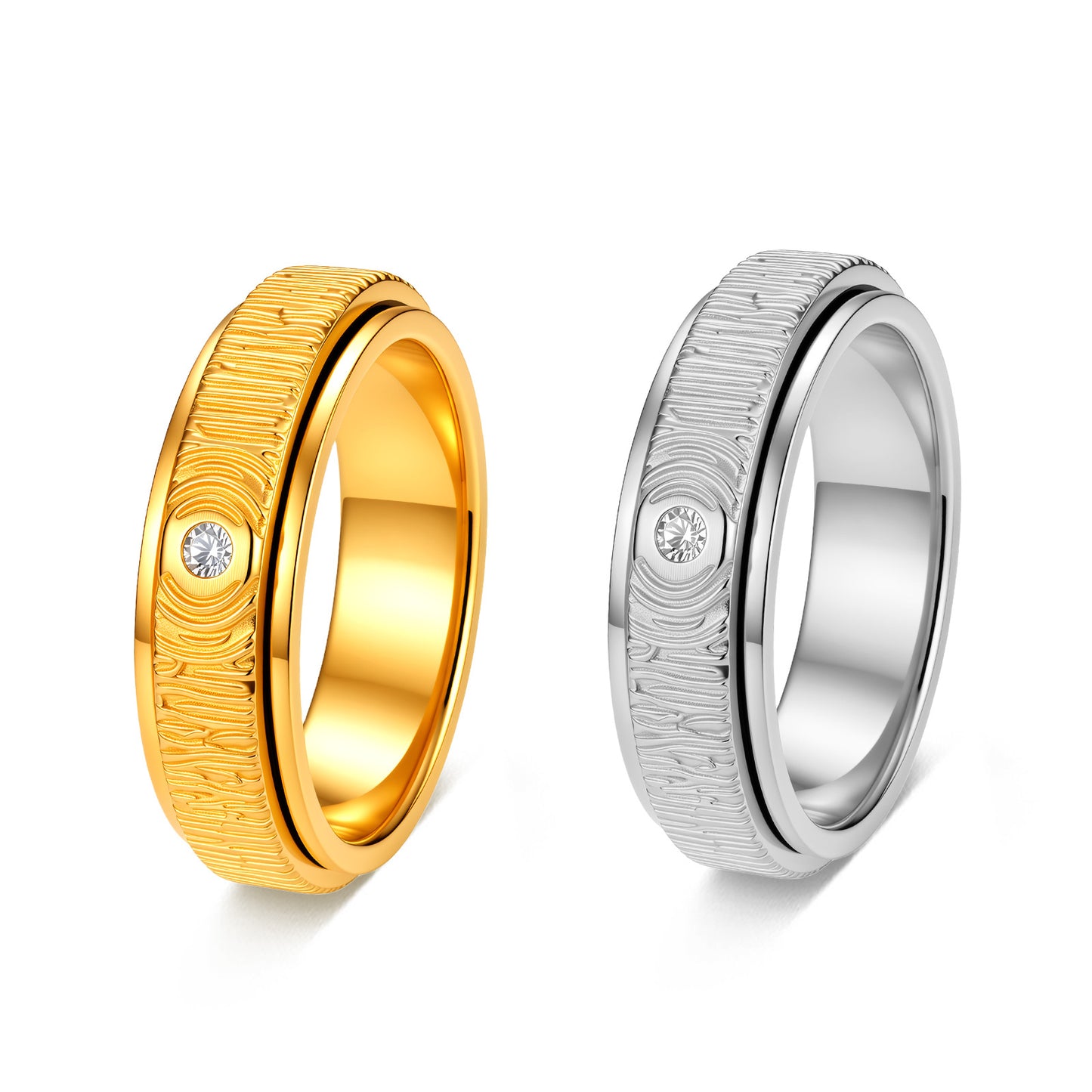 Planderful Everyday Genie Wood Grain Zircon Single Rotatable Stainless Steel Ring For Men Women Unisex Retro Jewelry