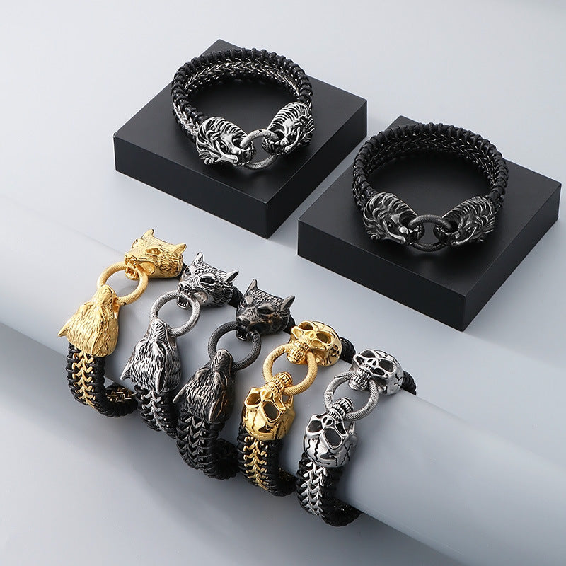 Planderful Double Wolf Head Lion Head Bracelet Men Titanium