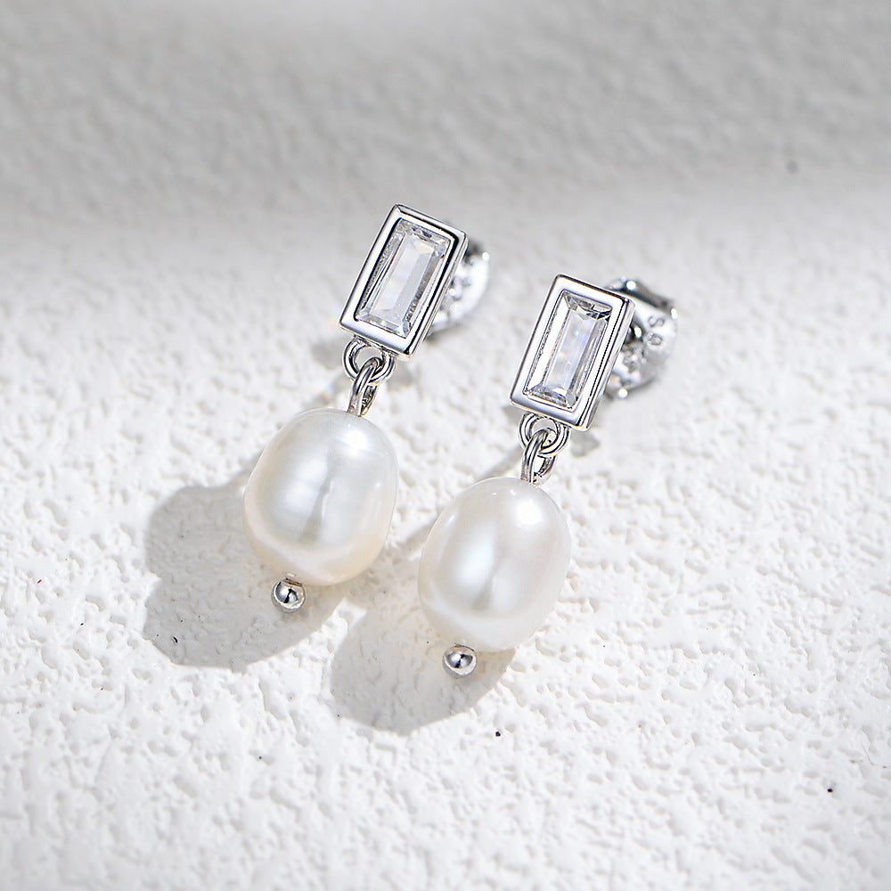 Planderful S925 Sterling Silver Natural Freshwater Pearl Earrings For Women With Luxurious Rectangular Zircon Accents