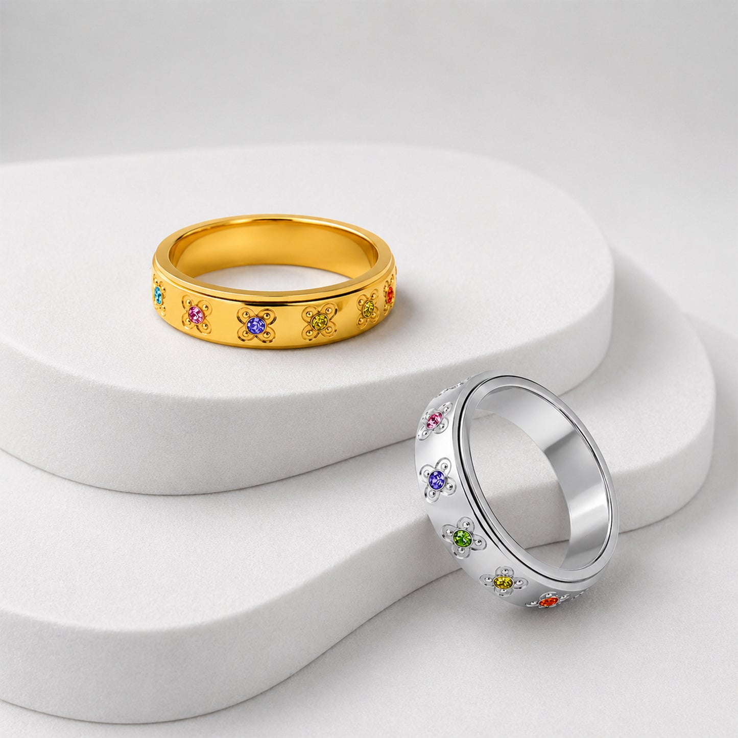 Planderful Rotatable Decompression Ring Stainless Steel Zircon Flower For Couples Unisex