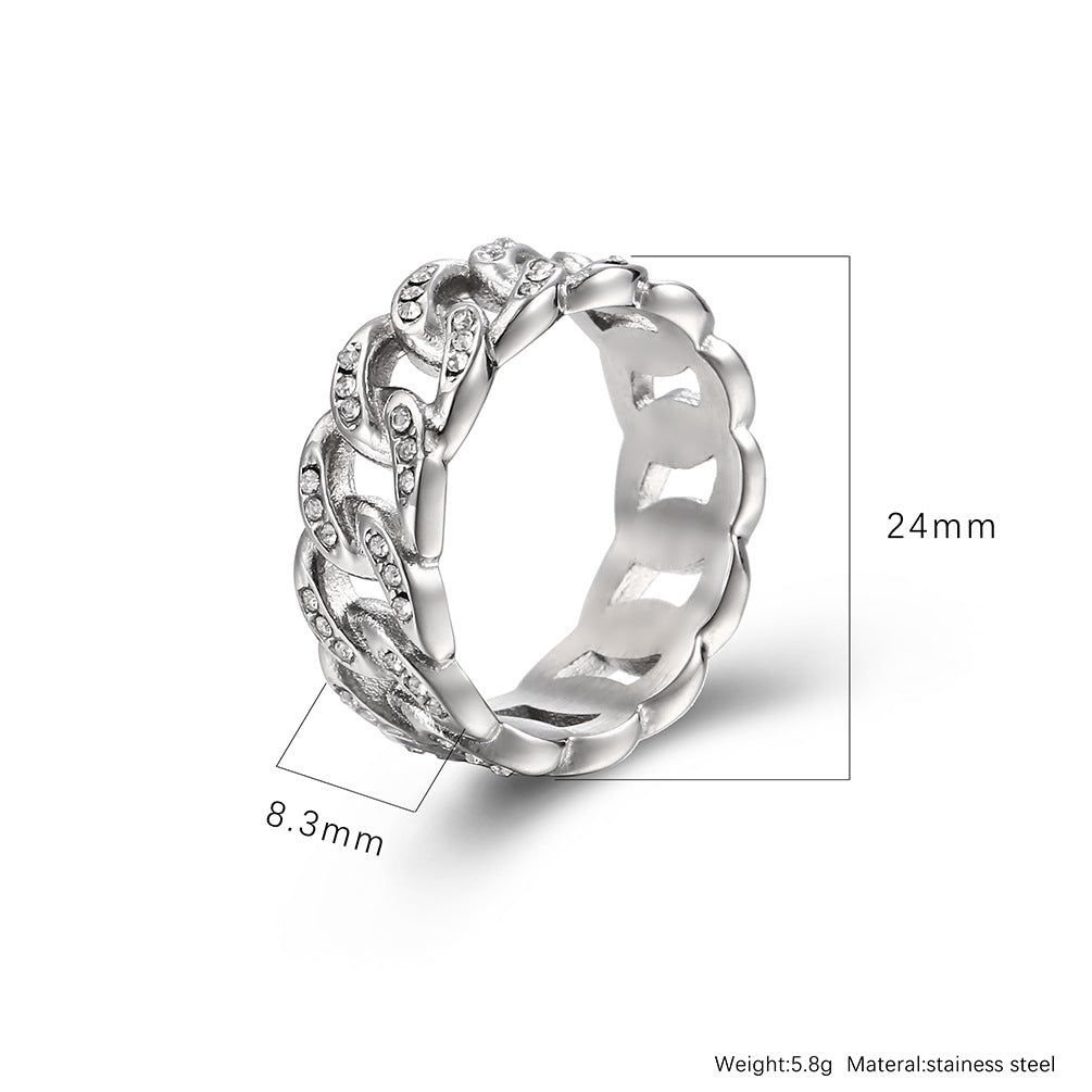 Planderful Titanium Cuban Chain Ring With Zircon Inlay For Hip Hop Style Men Unisex Luxury Jewelry