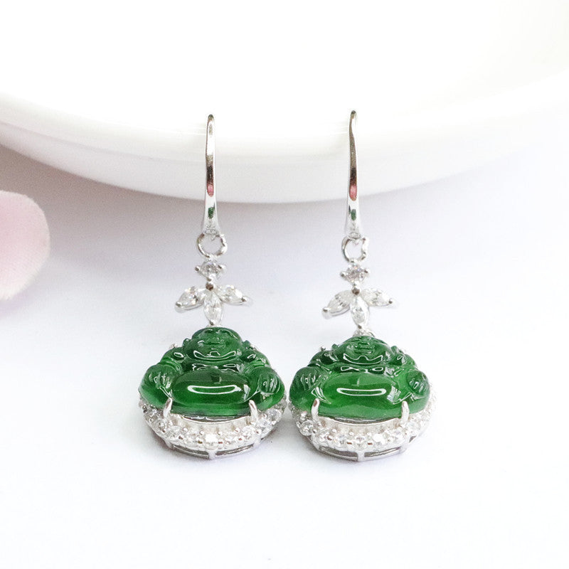 Icy Green Jadeite Buddha 925 Silver Hook Earrings