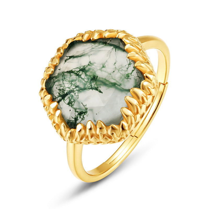 Planderful Jewelry Geometric Green Moss Agate Ring In Sterling Silver Gold Plated Adjustable
