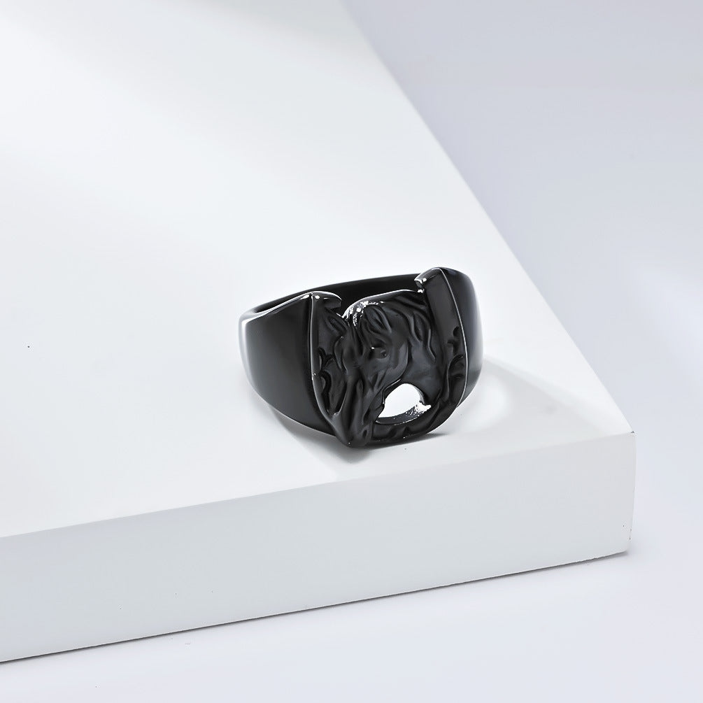 Planderful Personalized Retro Horse Head Titanium Steel Ring For Hip Hop And Hipster Style