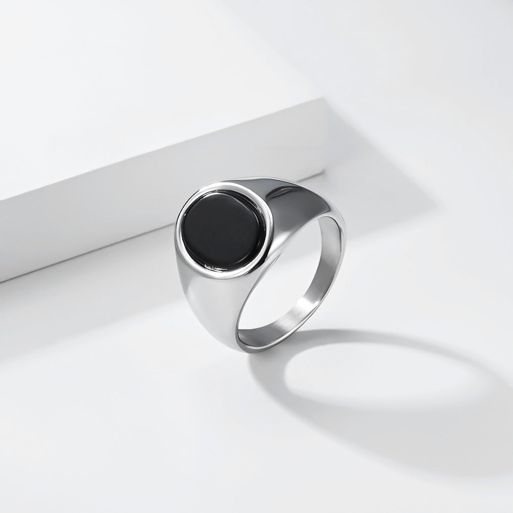 Planderful Titanium Steel Ring For Men Bold Black Stone Oval Geometric Design Everyday Jewelry