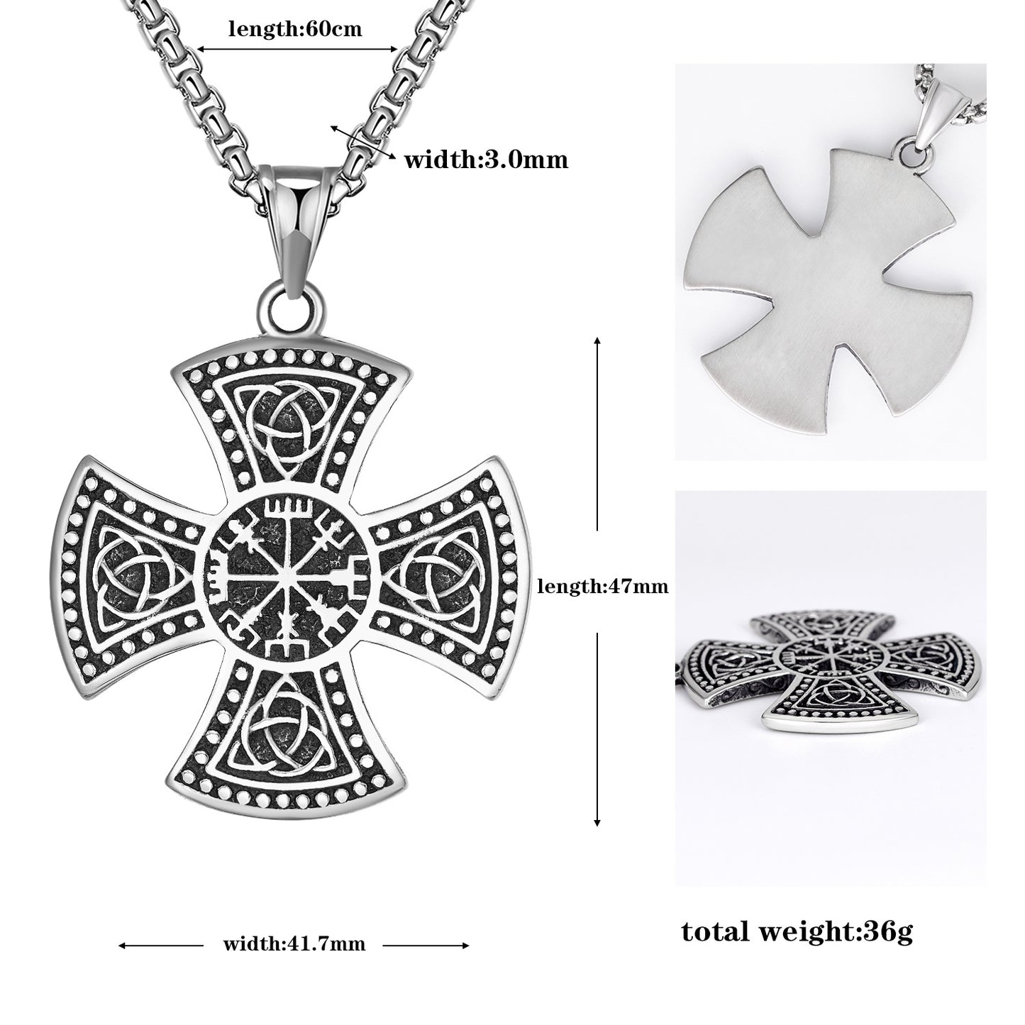 Steel Necklace - Vintage Celtic Viking Rune Cross Pendant For Men With Bold Durable Steel Finish