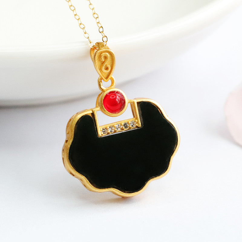 Sterling Silver Natural Hetian Jade Black Jade Ruyi Lock Necklace