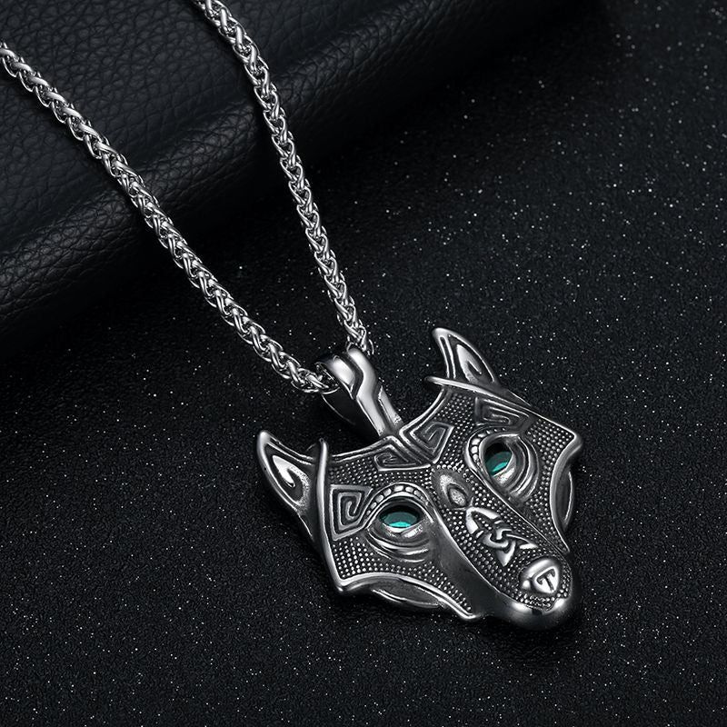 Planderful Everyday Genie Wolf Head Pendant Necklace Stainless Steel Green Eyes Nordic Viking Celtic For Men