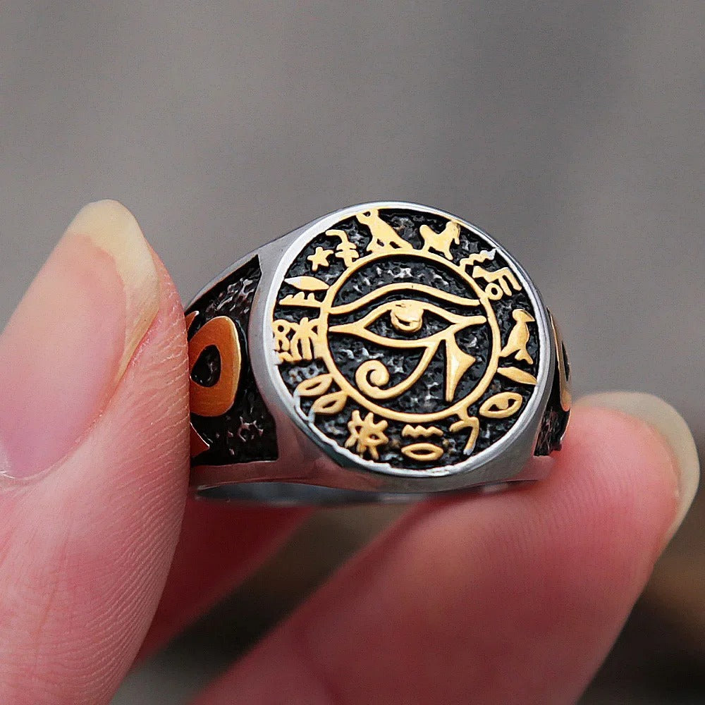 Vintage Eye of Horus Egyptian Stainless Steel Men's Ring