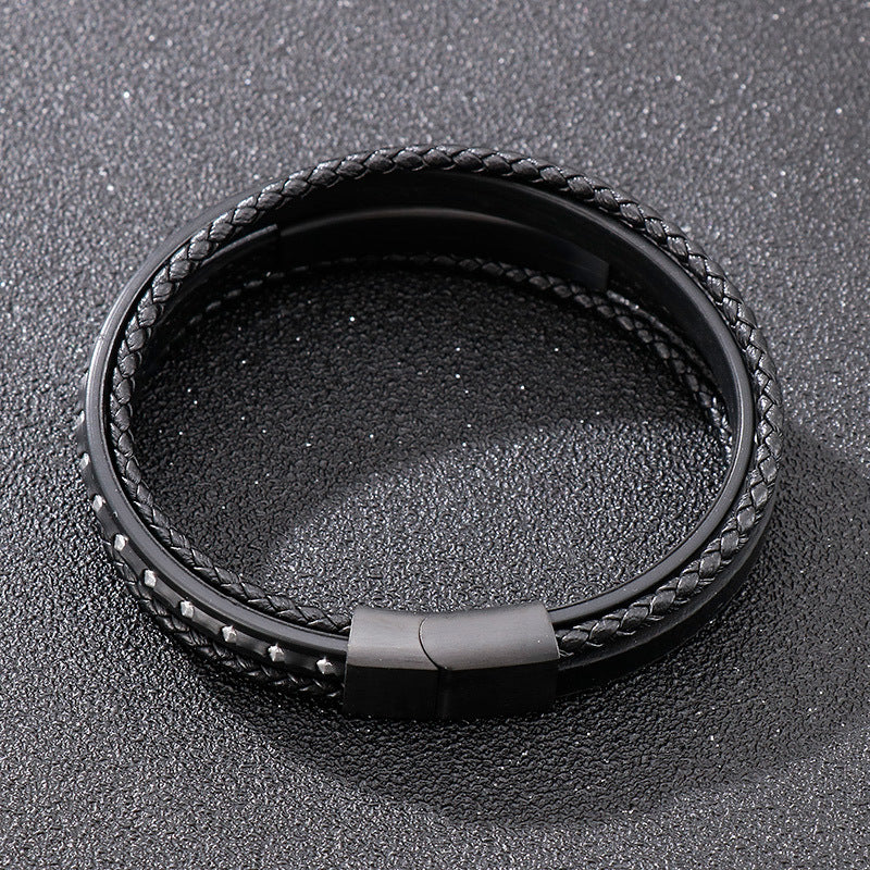 Planderful Leather Woven Steel Magnet Buckle Bracelet Men