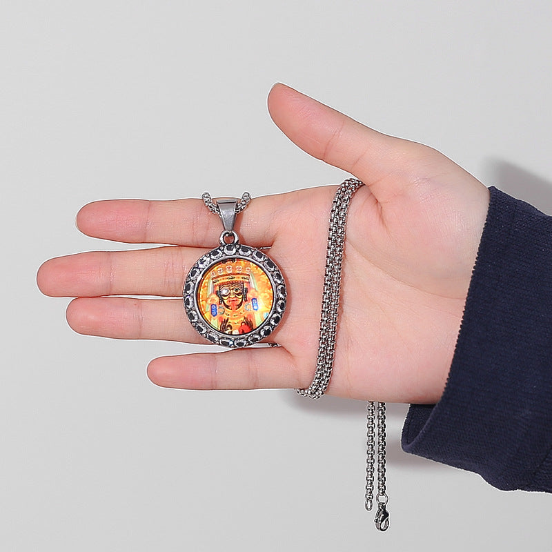 Steel Necklace - Elegant Chinese Amulet Pendant With Zircon Inlay Temple Fair Style