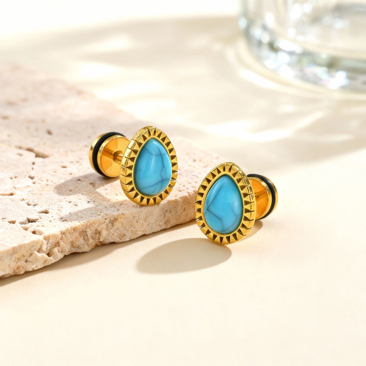 Gold-Tone Turquoise Teardrop Stud Earring — Single