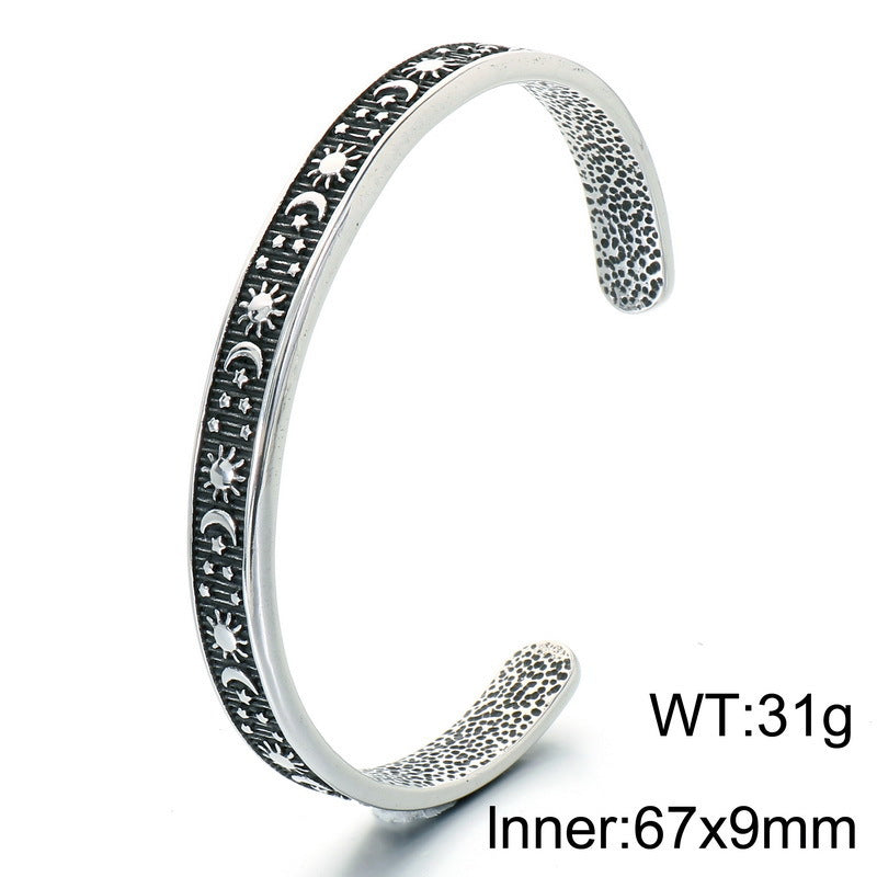 Gothic Little Skull Layered Casting Open Bracelet Sun – Moon & Stars Engraved