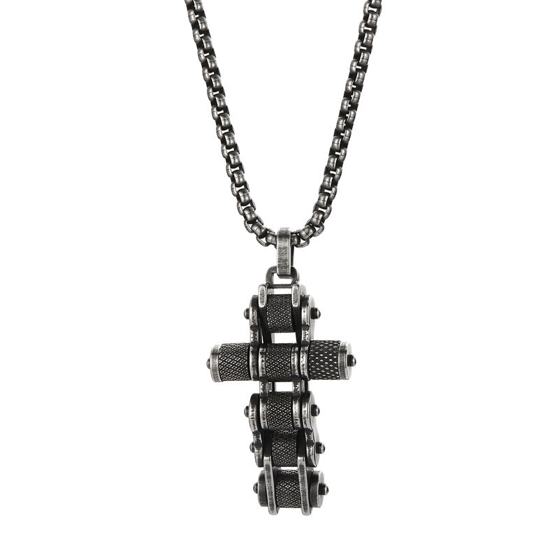 Creative Bicycle Chain Cross Pendant, Retro Hip-Hop Nightclub Men's Titanium Steel Square Pearl Necklace