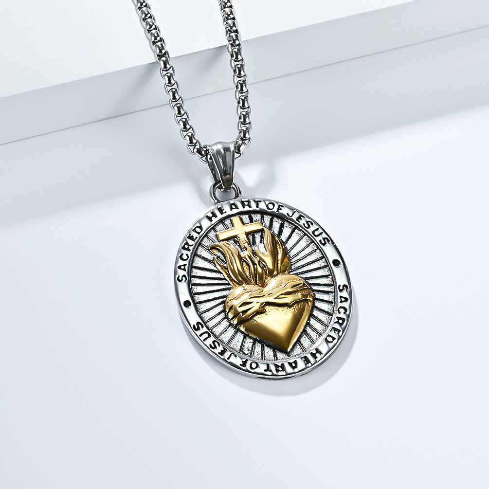 Planderful Sacred Heart Cross Necklace For Men Titanium Steel Durable Retro European American Design