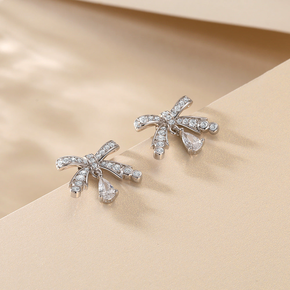 Pear Shape Zircon Bowknot Sterling Silver Stud Earrings