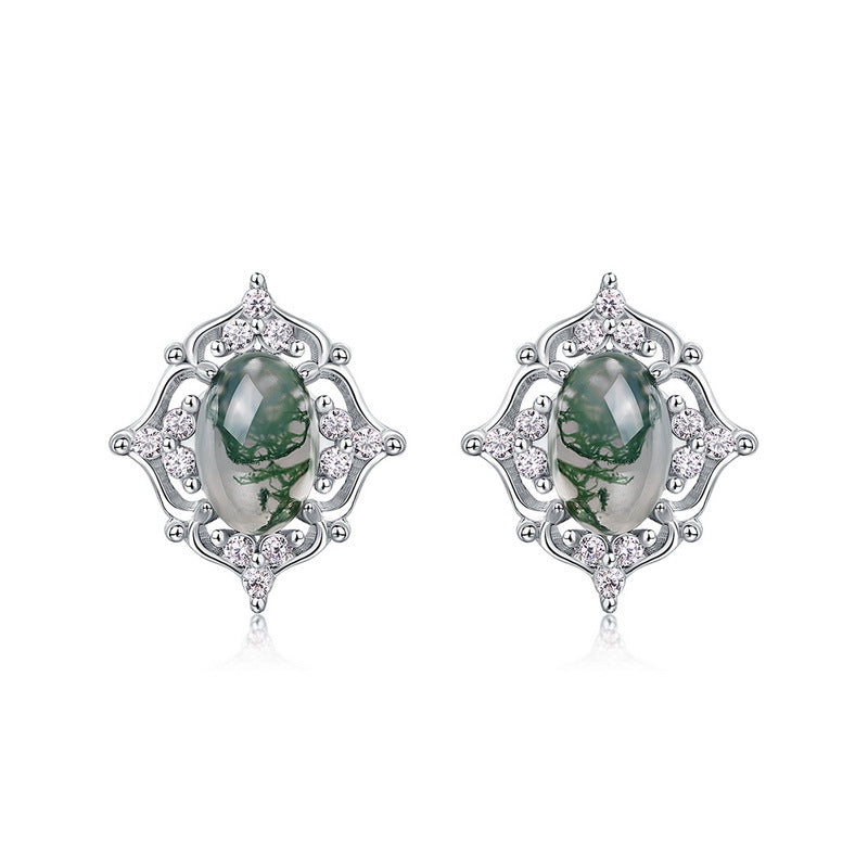 S925 Sterling Silver Moss Agate Openwork Stud Earrings