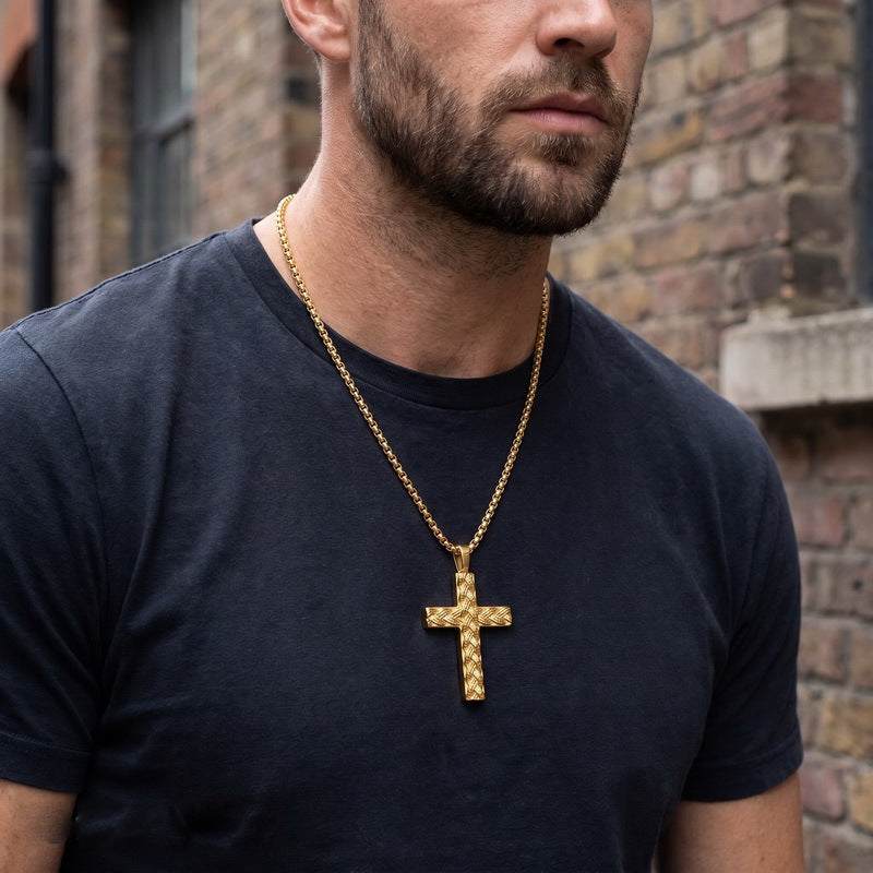 Hip Hop Stainless Steel Round Bead Chain Necklace Simple Twist Cross Pendant Square