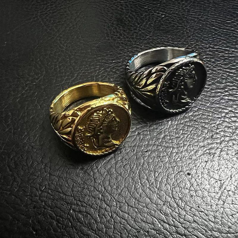 Julius Caesar Ring Stainless Steel Gold Plated Coin Portrait Premium Planderful Everyday Genie For History Buffs