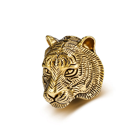 Tiger Head Ring Stainless Steel Gold-Plated Men's Punk