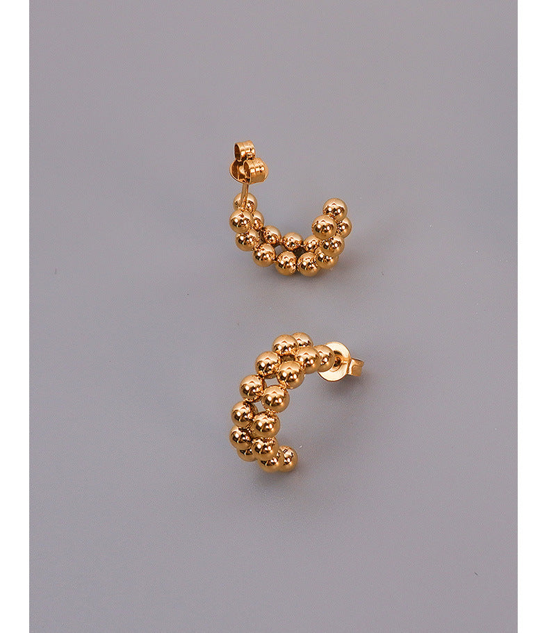 European Cold Wind Double-Layer Bead Earrings in Titanium Steel Plated with 18K Gold