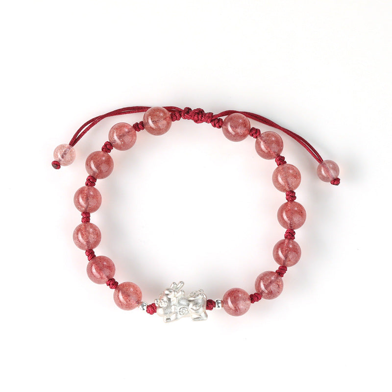Strawberry Crystal Woven Rope Silver Bracelet with Pixiu Wealth Calling