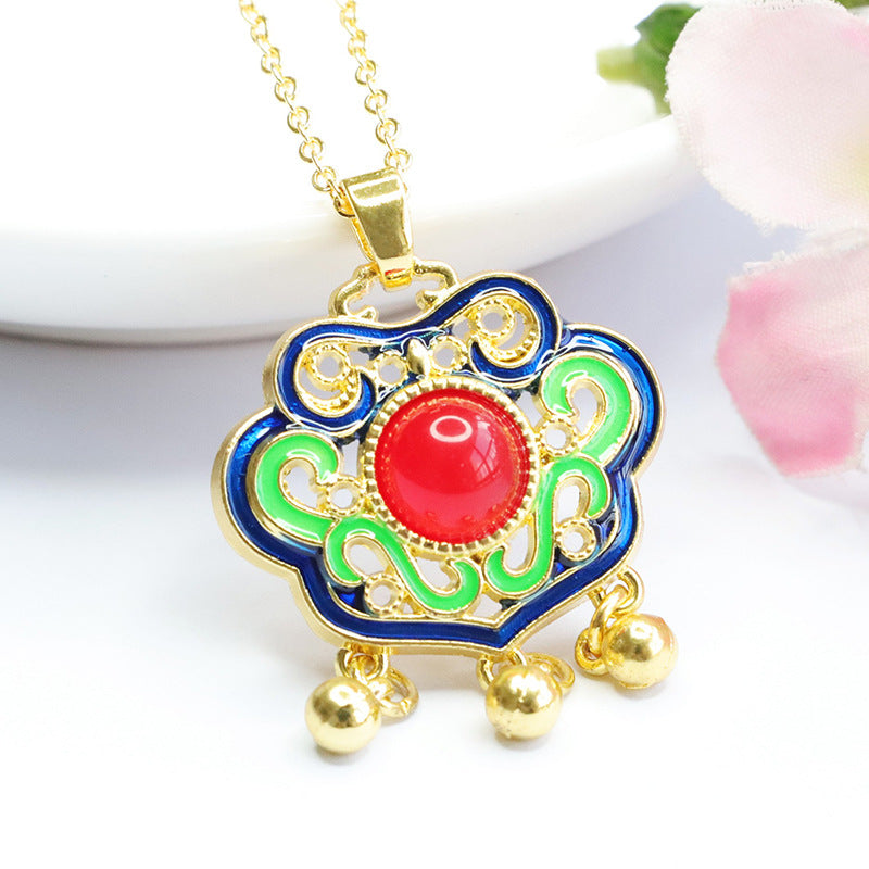 Natural Red Agate Chalcedony Enamel Colored Ruyi Lock Pendant