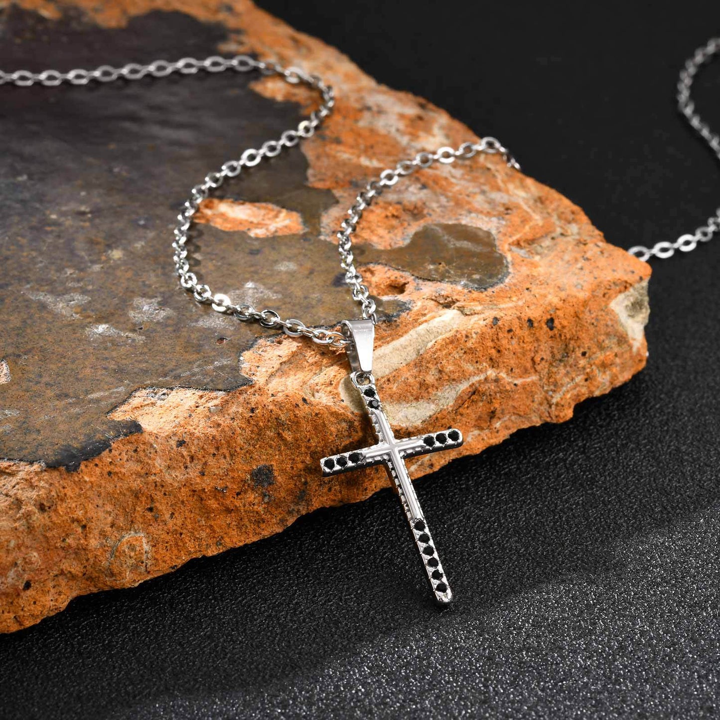Planderful Stainless Steel Cross Pendant Men Black Zircon