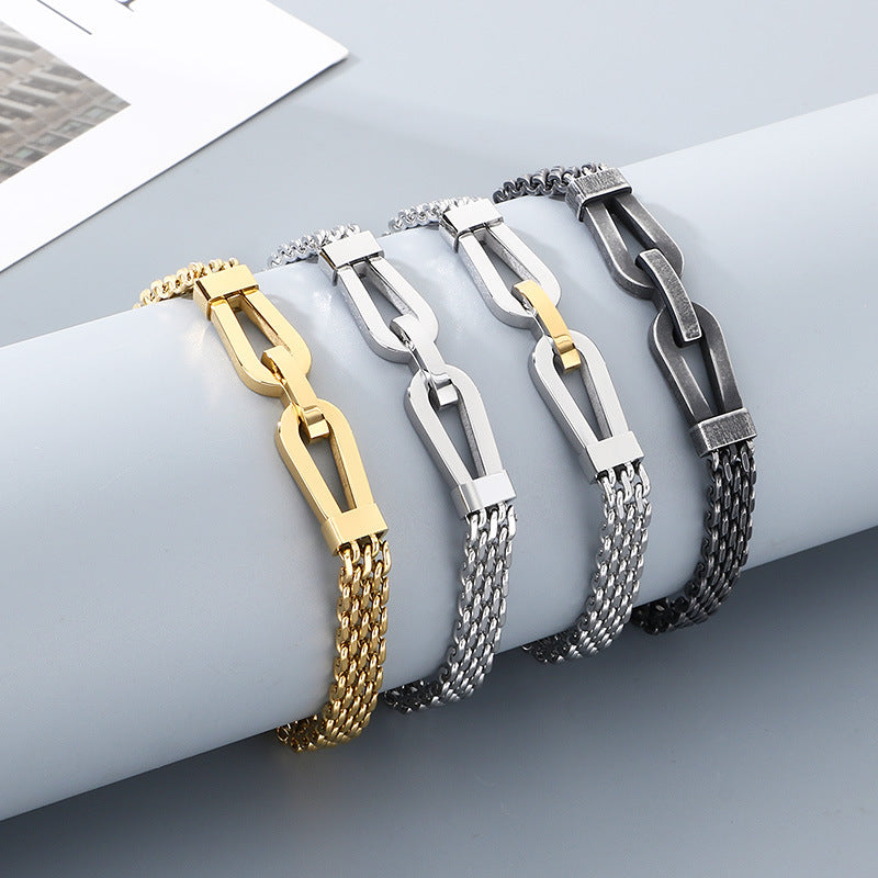 Style Hollow Woven Chain Design Horseshoe Buckle Titanium Steel Men's Bracelet
