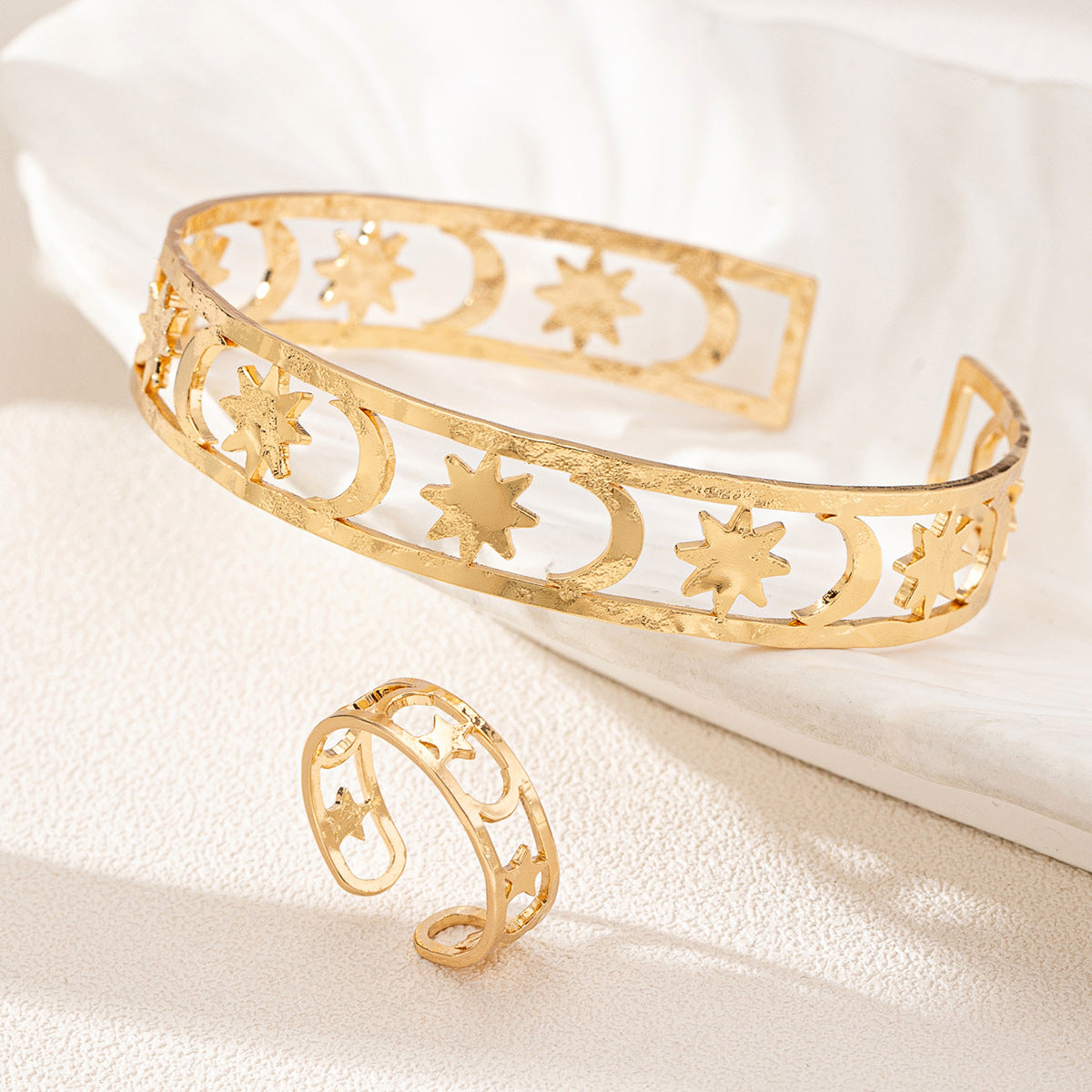Exaggerated Hollow Star Moon Bracelet Ring Set by Planderful