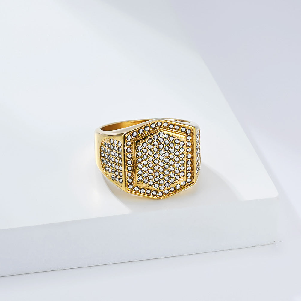 Planderful Gold Plated Full Zircon Hexagonal Ring For Men High End Light Luxury Titanium Steel