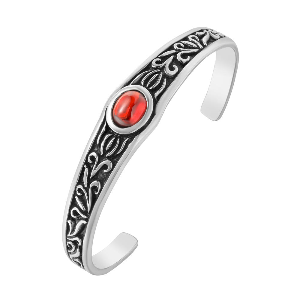 Planderful Everyday Genie – European and American Retro Red Stone Men's Titanium Steel Bracelet