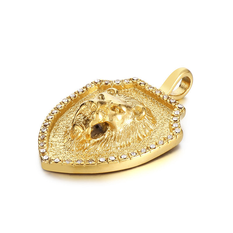 Retro Classic Hip-Hop Lion Head Shield Pendant with Zircon-Encrusted Wolf Head in Stainless Steel for Men