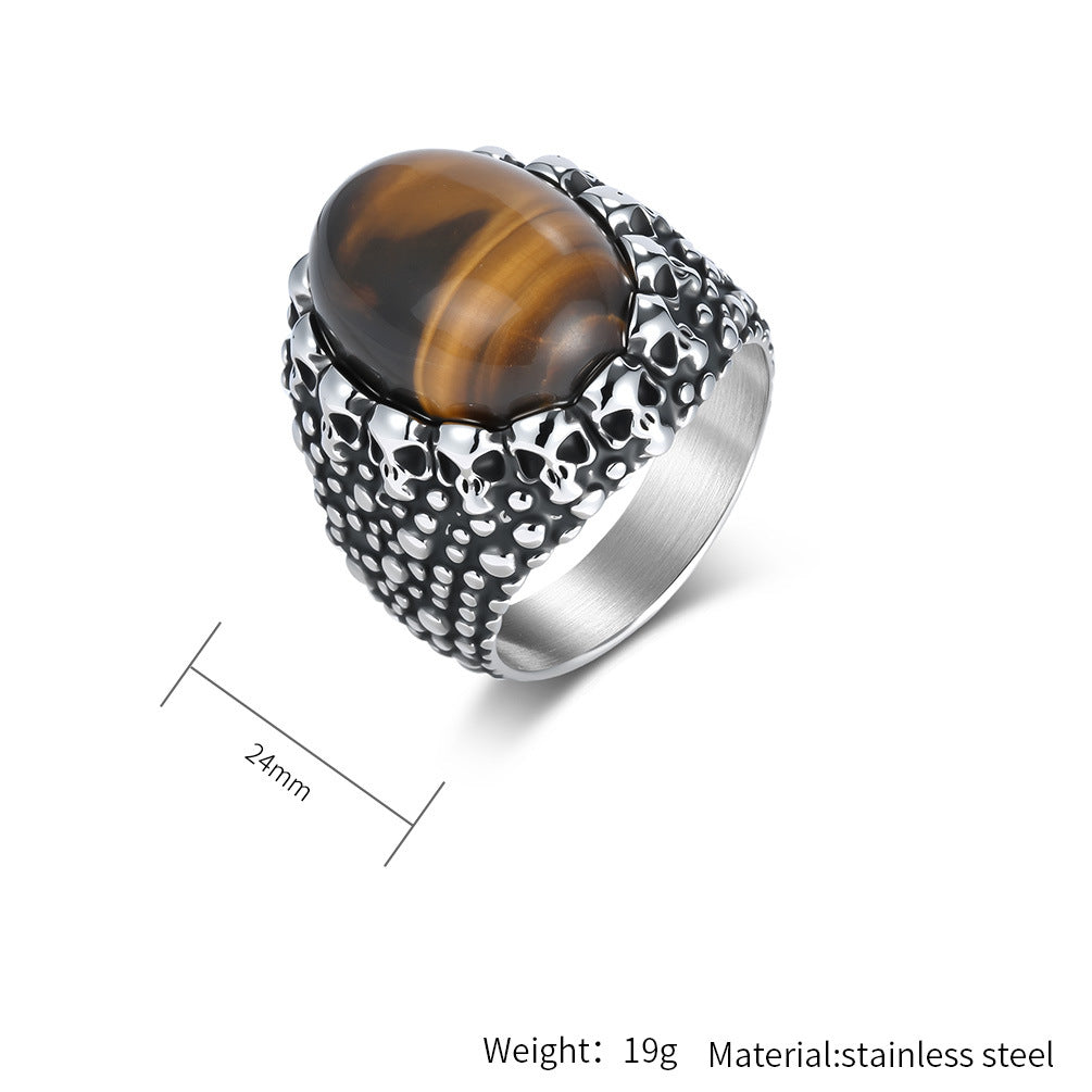 Planderful Everyday Genie Skull Ring With Tiger Eye Stone Titanium Steel Unisex Streetwear Protection