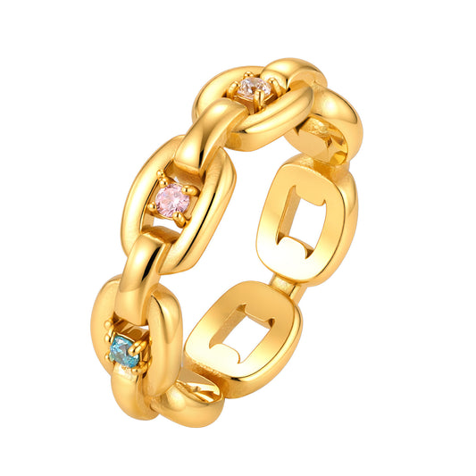Design Stainless Steel Chain Daily Multi-Color Zircon Ring