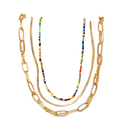 Trendy Multicolored Beaded Snake Chain Necklace Set with Niche Clavicle Chain