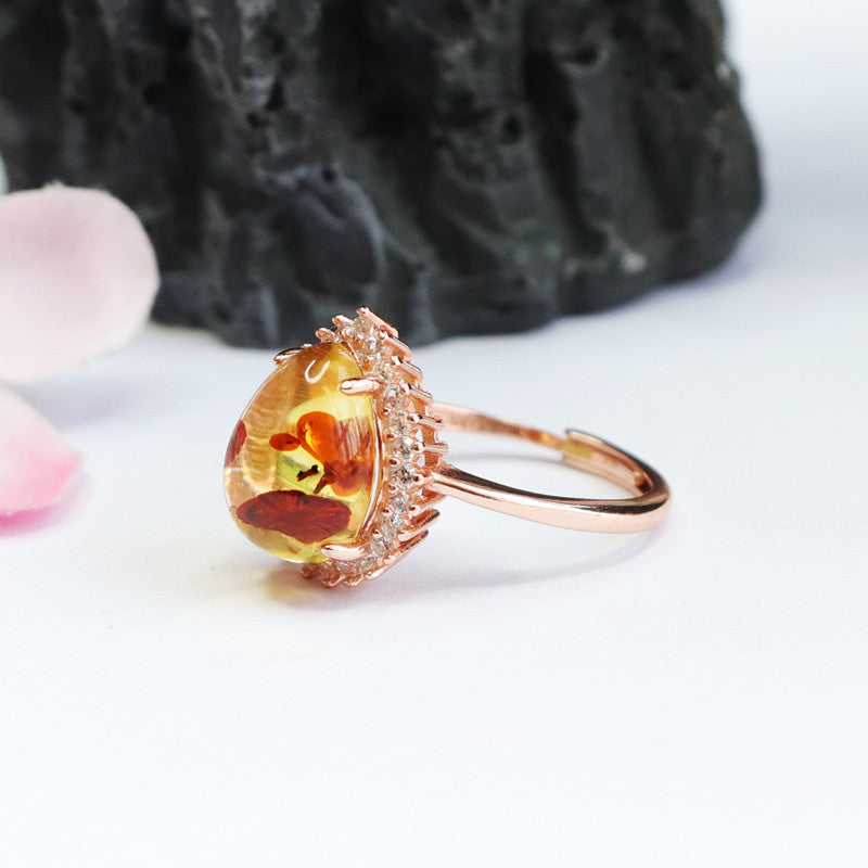 Floral Amber and Zircon Sterling Silver Ring with Adjustable Diameter