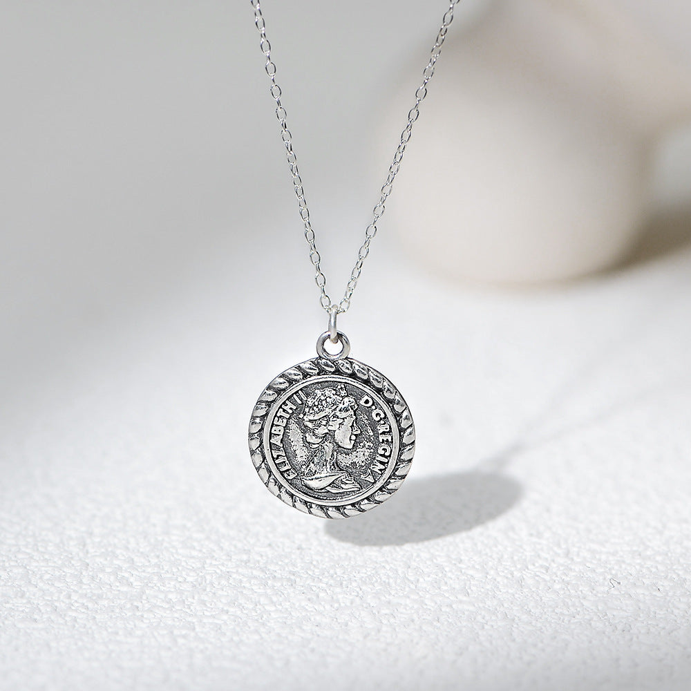 Planderful S925 Sterling Silver Queen Coin Necklace Portrait Embossed Gift For Women Hipster Retro Collarbone Chain