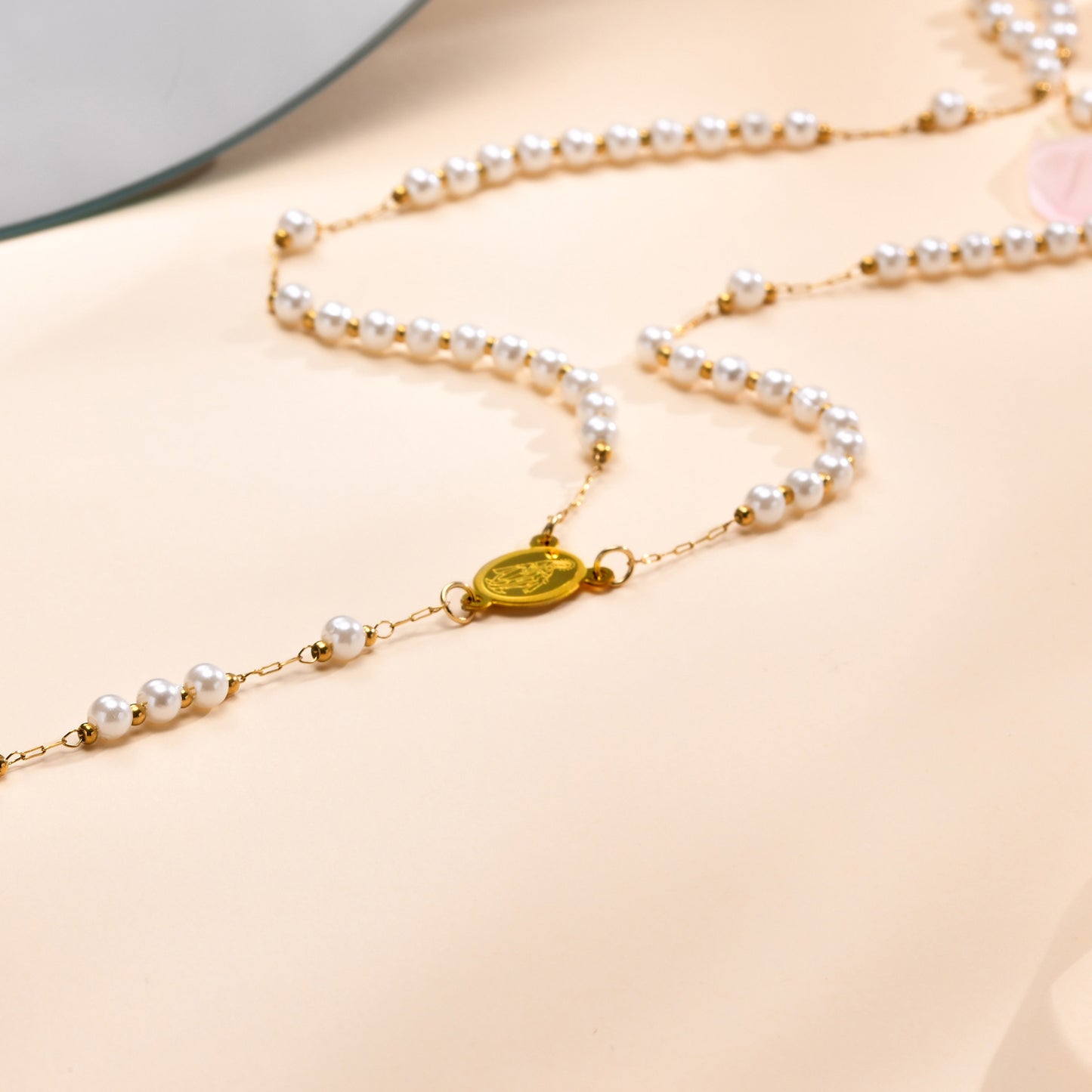 Ladies Stainless Steel Virgin Mary Cross Beaded Necklace Gold