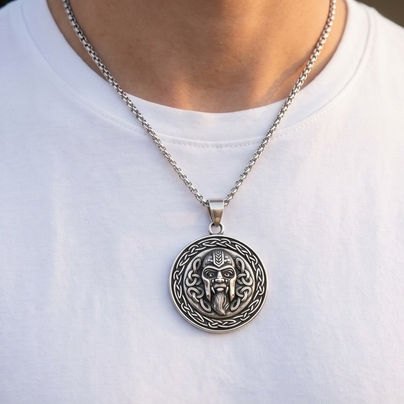 Vintage Aztec Solar Calendar Pendant Viking Celtic Odin Head Stainless Steel Men's Necklace