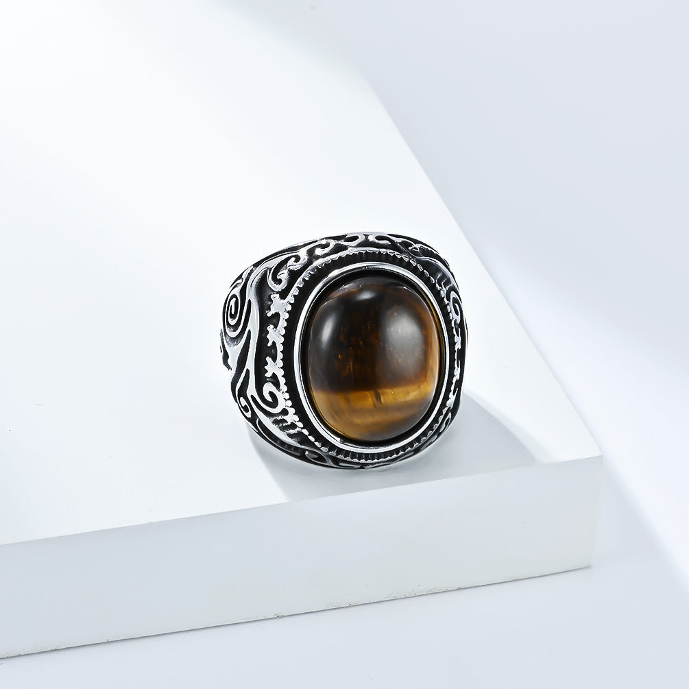 Planderful Mens Titanium Steel Ring With Tiger Eye Gem Retro Engraved Bold Statement Jewelry
