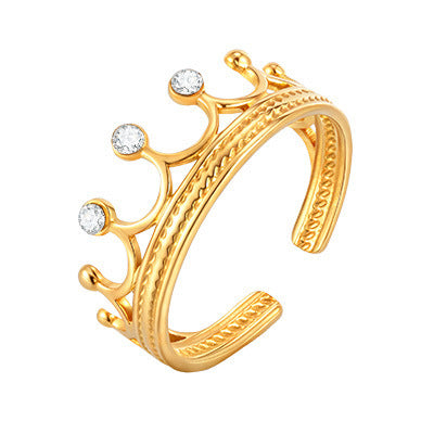 Stainless Steel Gold-Plated Design Sense Zircon Crown Opening Ring Gold