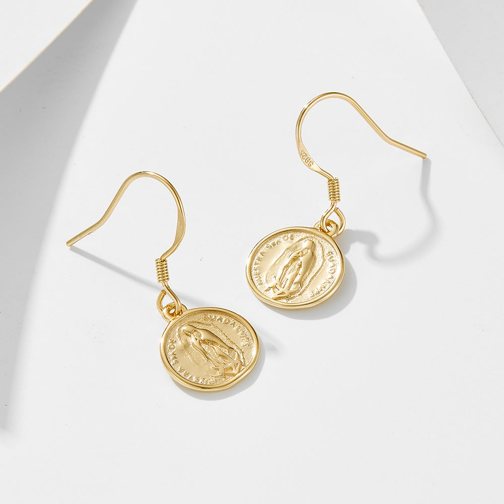 925 Sterling Silver Circle Coin Earrings Style Retro Round Brand Virgin Mary Relief